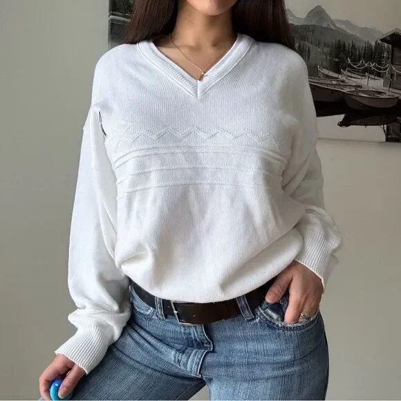 90s vintage white neck embroidered minimalist jumper - Picture 2 of 8